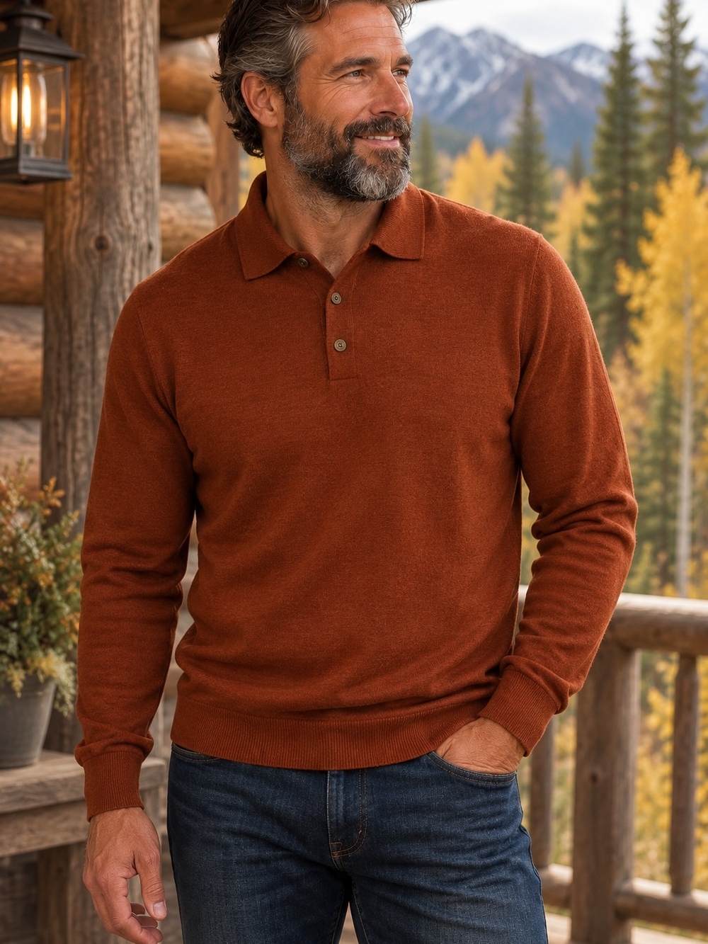 Turnbury Men’s 100% Extra Fine Merino Wool Polo Sweater Large Rust Orange